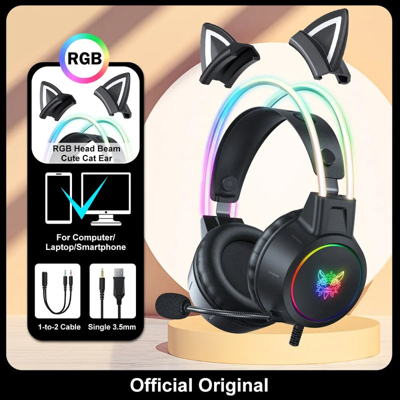 Onikuma x15 pro over-ear fones de ouvido jogos fone de ouvido com fio cancelando fones de ouvido rosa orelhas de gato rgb luz com microfone para pc ps4