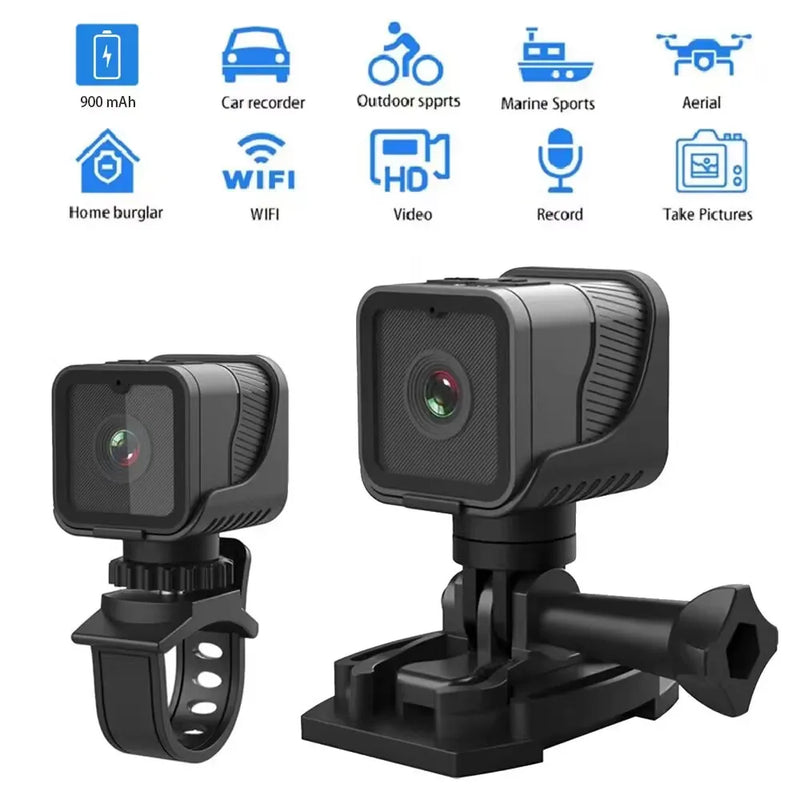 Mini câmera esportiva portátil HD 1080P com câmera à prova d'água WiFi Hotspot, gravador de condução de motocicleta e bicicleta