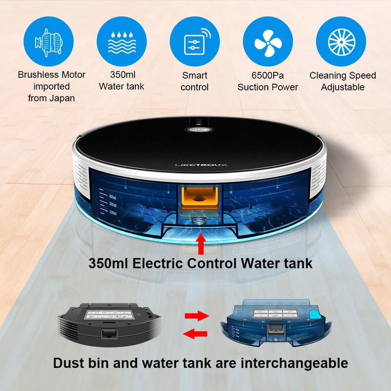 LIECTROUX/LILIN C30B Robô Aspirador de Pó AI Mapa de Navegação, Memória, Partição Inteligente, Aplicativo WiFi, Sucção 6000Pa, Tanque de Água Elétrico