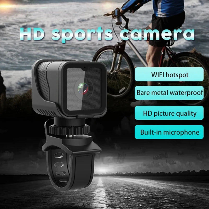 Mini câmera esportiva portátil HD 1080P com câmera à prova d'água WiFi Hotspot, gravador de condução de motocicleta e bicicleta