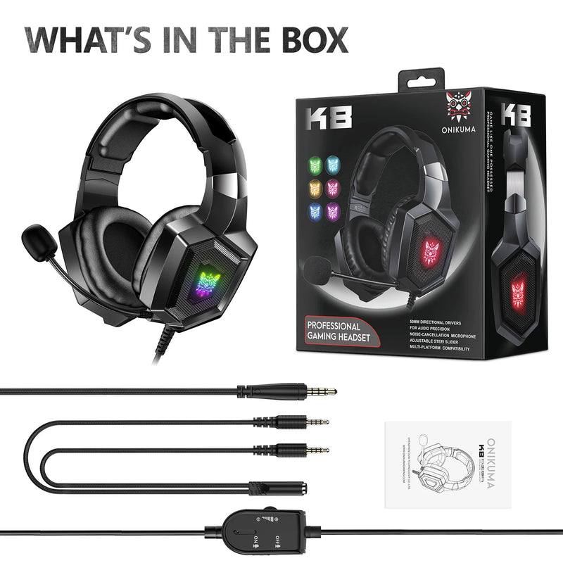 Fones de ouvido para jogos ONIKUMA com microfone HD flexível RGB Light Surround Sound Over-Ear Wired Headset Gamer para PC Gaming Xbox