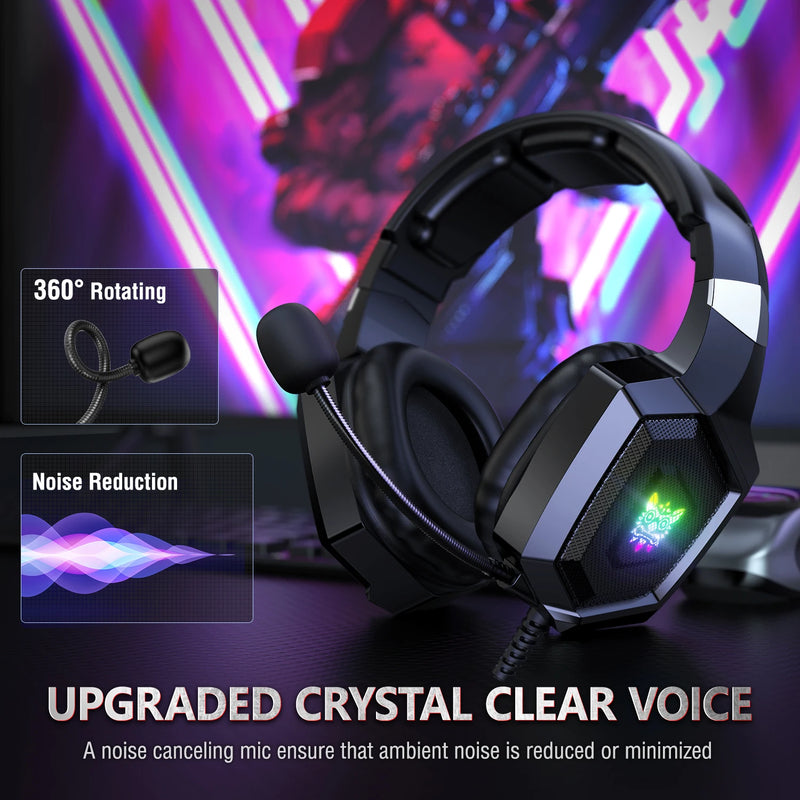 Fones de ouvido para jogos ONIKUMA com microfone HD flexível RGB Light Surround Sound Over-Ear Wired Headset Gamer para PC Gaming Xbox